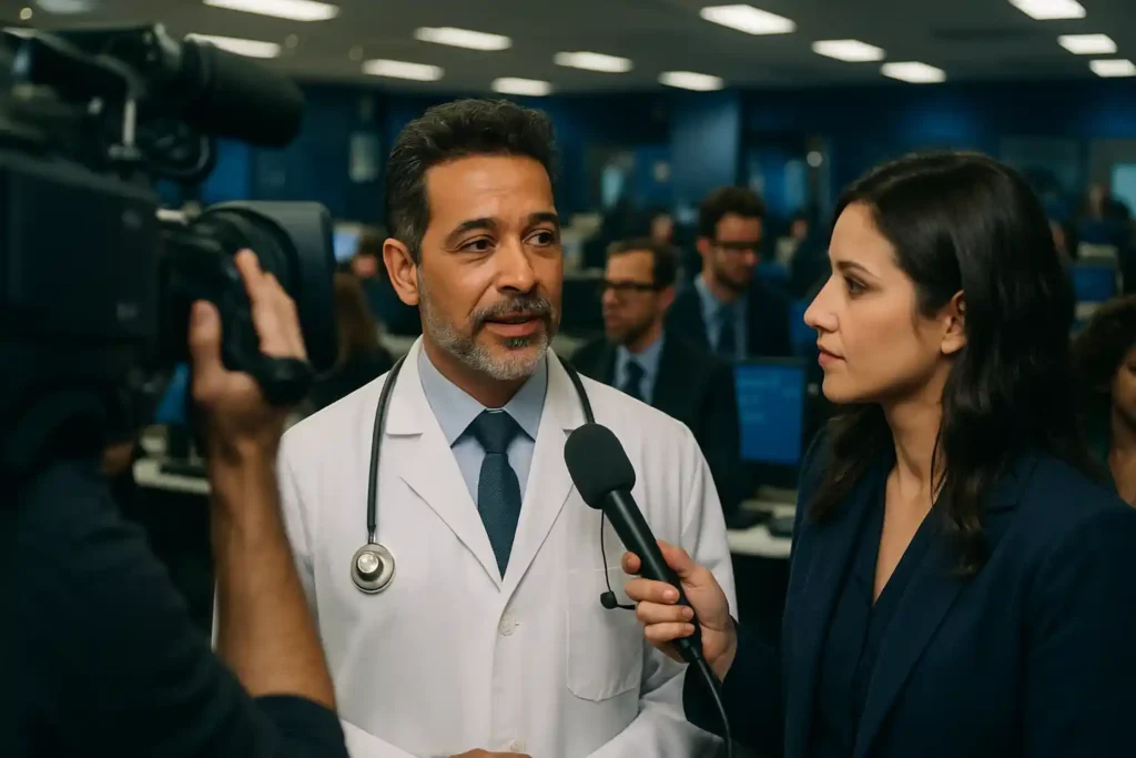 assessoria de imprensa para médicos - Médico sendo entrevistado por jornalista em redação, destacando-se na mídia.