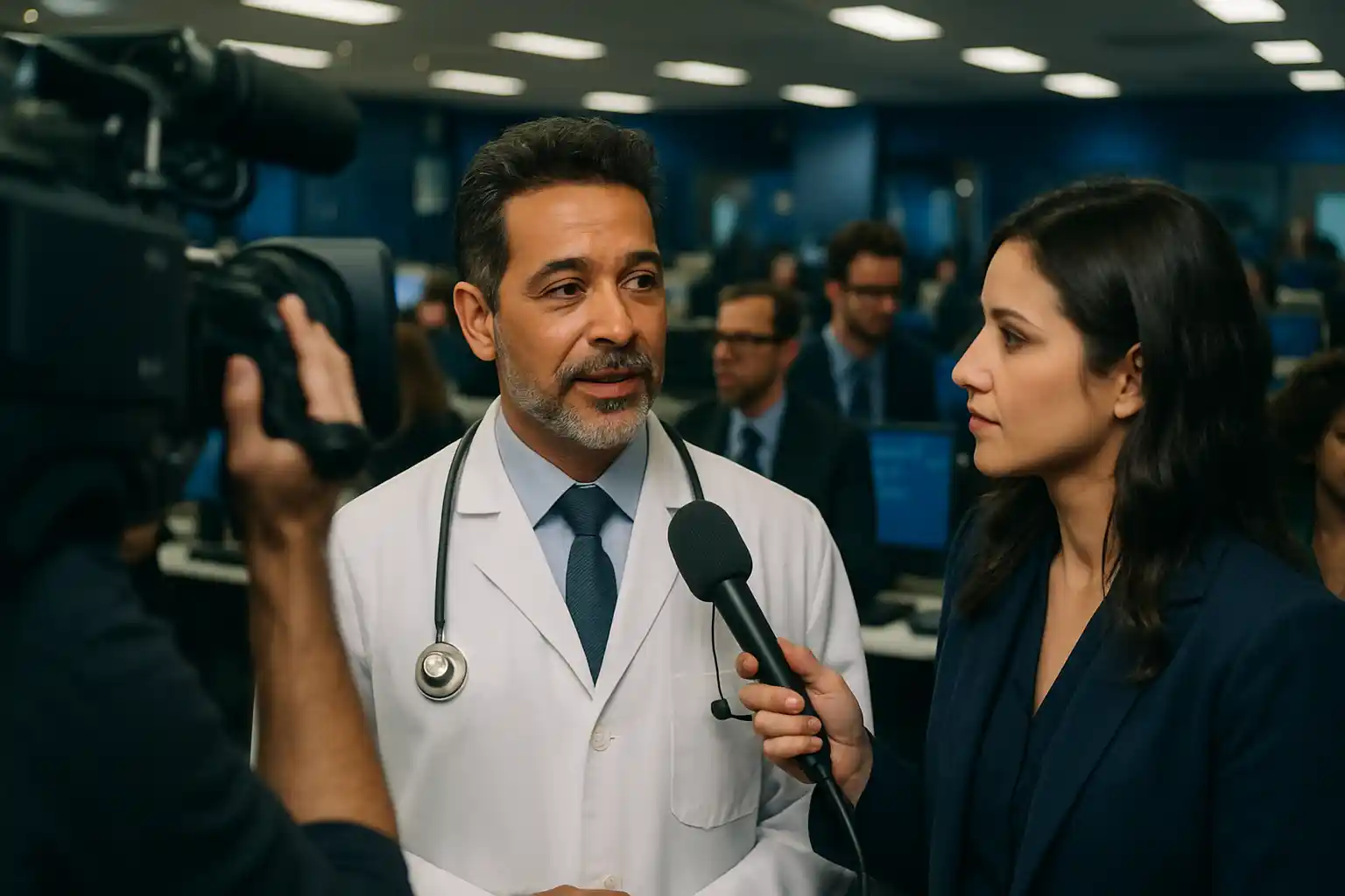 assessoria de imprensa para médicos - Médico sendo entrevistado por jornalista em redação, destacando-se na mídia.