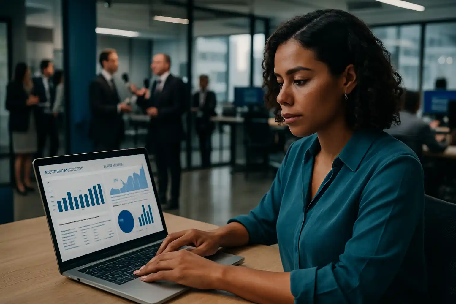 Mulher analisando estratégia de digital PR em laptop, com gráficos de SEO e backlinks no Brasil